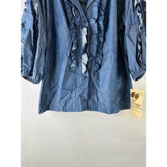 VTG 80s Frilly Ruffled Denim Jean Button Blouse Shirt USA Western - Picture 6 of 9